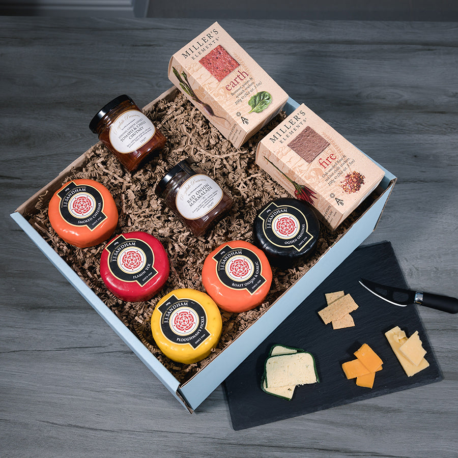 Luxury cheese gift boxes and hampers with Lancashire produced artisan cheese truckles. All hampers include cracker and chutneys. Delivered nationwide