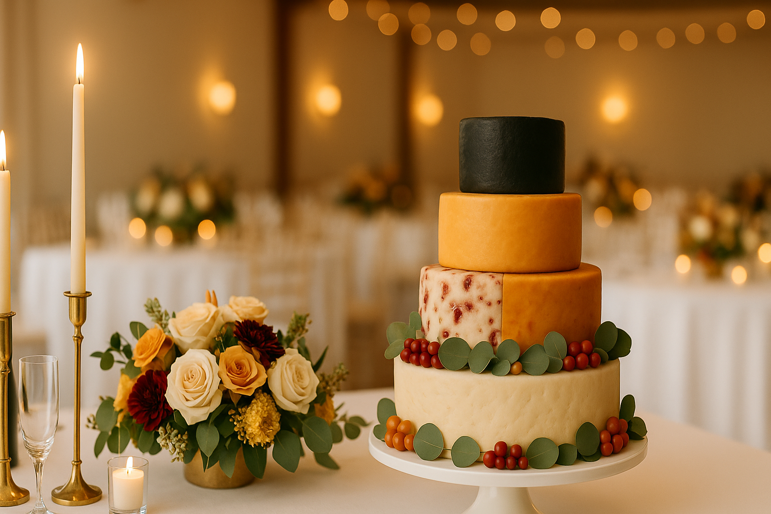 Celebration Cheese Tower - 4 Tier on a table with flowers and candles, perfect for special occasions.