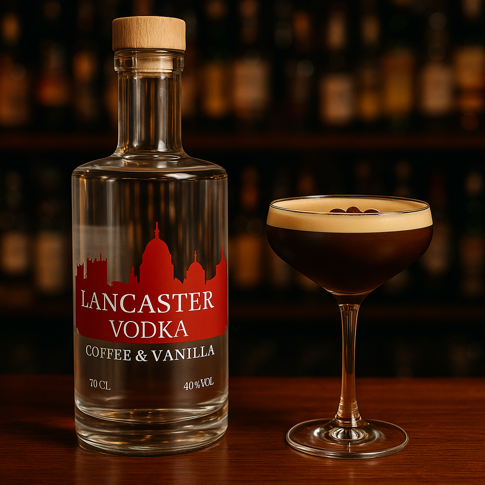 Lancaster Coffee Vodka bottle with a cocktail, showcasing rich coffee and vanilla flavors, 70cl.