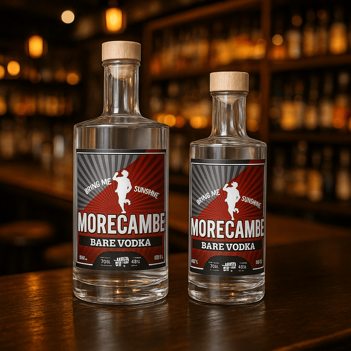 Morecambe Bare Vodka bottles by Three Wheel Gin Co on bar, 35cl and 70cl sizes.