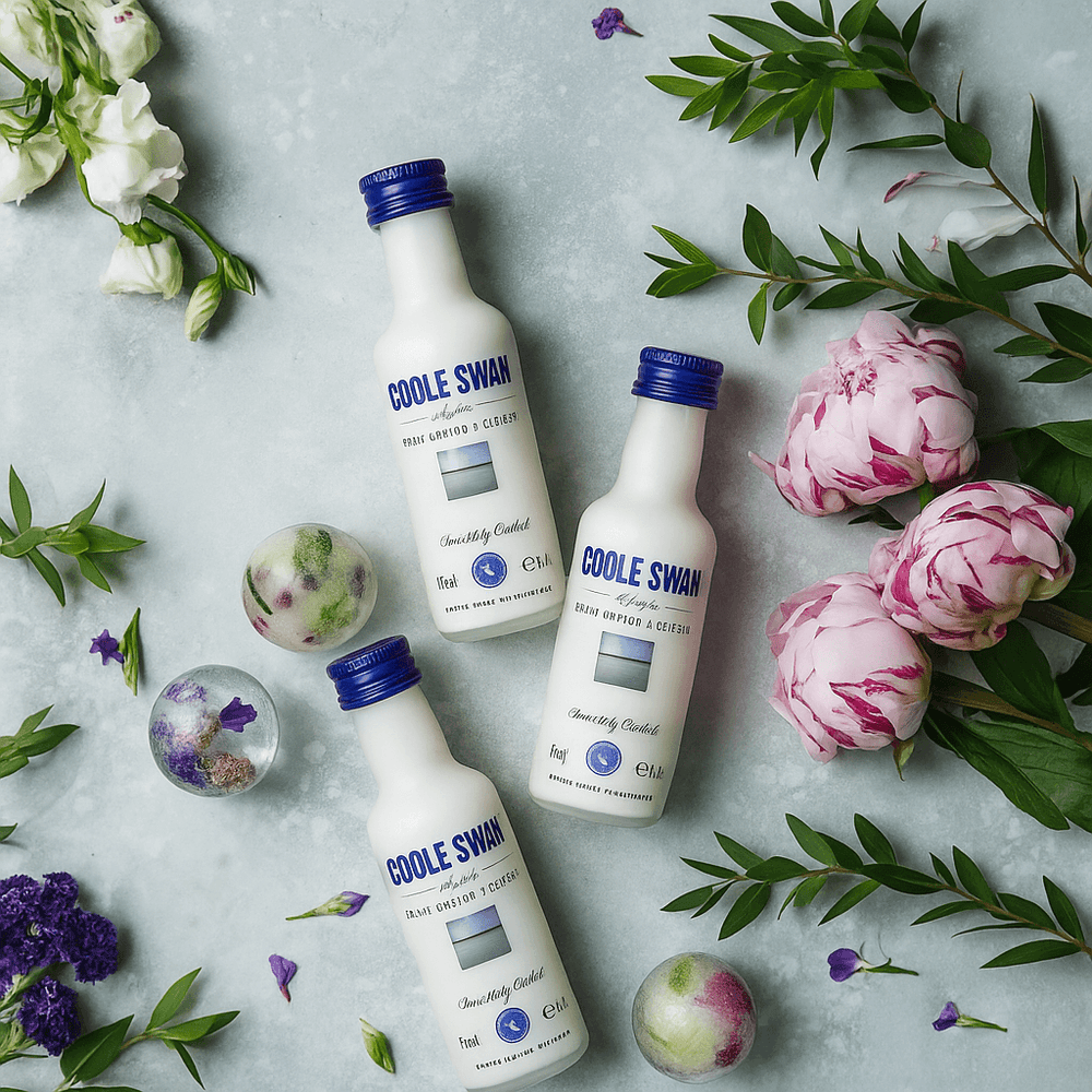 Coole Swan Superior Irish Cream Liqueur Minitures displayed among flowers and decorative elements.
