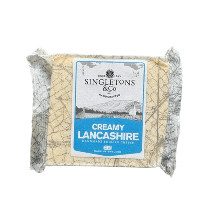 Creamy Lancashire Cheese by Singletons, 200g packaged for freshness and flavor.