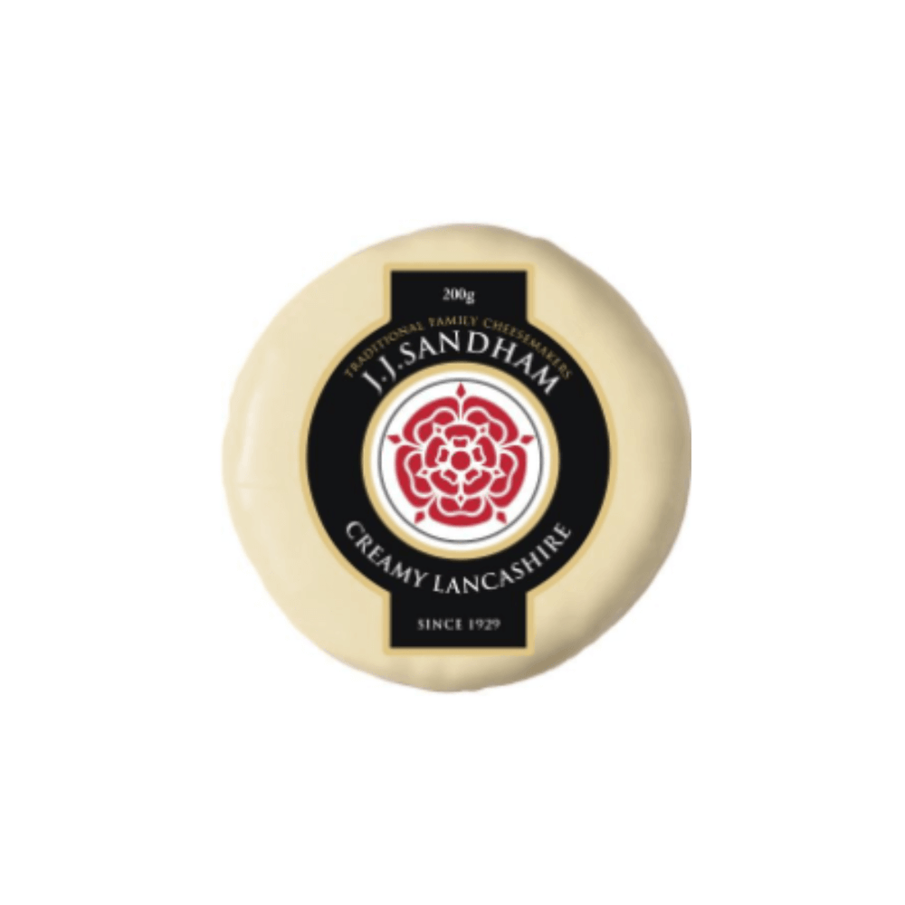Creamy Lancashire Cheese by JJ Sandham, 200g truckle with traditional branding and logo.