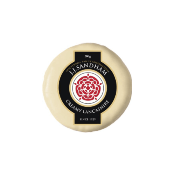 Creamy Lancashire Cheese by JJ Sandham, 200g truckle with traditional branding and logo.