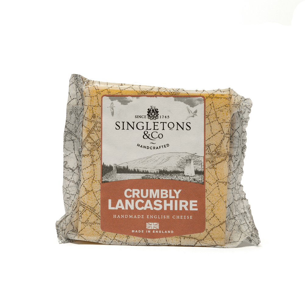 Crumbly Lancashire Cheese by Singletons, 200g, packaged traditional English cheese.