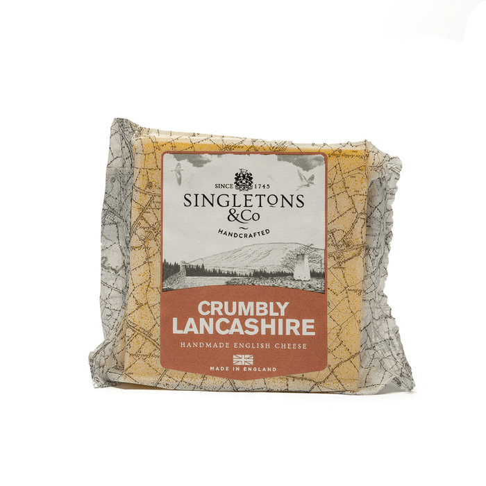 Crumbly Lancashire Cheese by Singletons, 200g, packaged traditional English cheese.