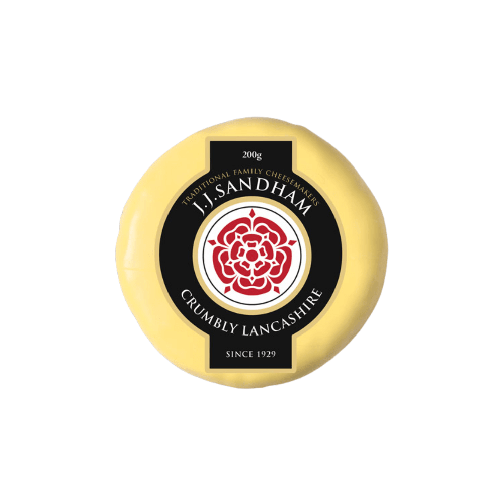 Lancashire Trio Cheese Hamper featuring J.J. Sandham Crumbly Lancashire cheese truckle in packaging.