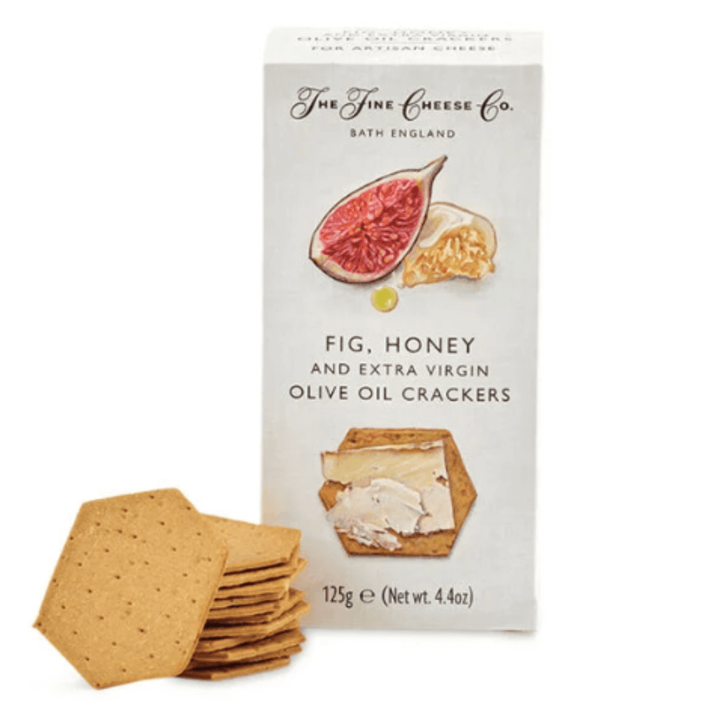Fig Honey and Extra Virgin Olive Oil Crackers, 125g package with crackers, perfect for pairing with cheese.