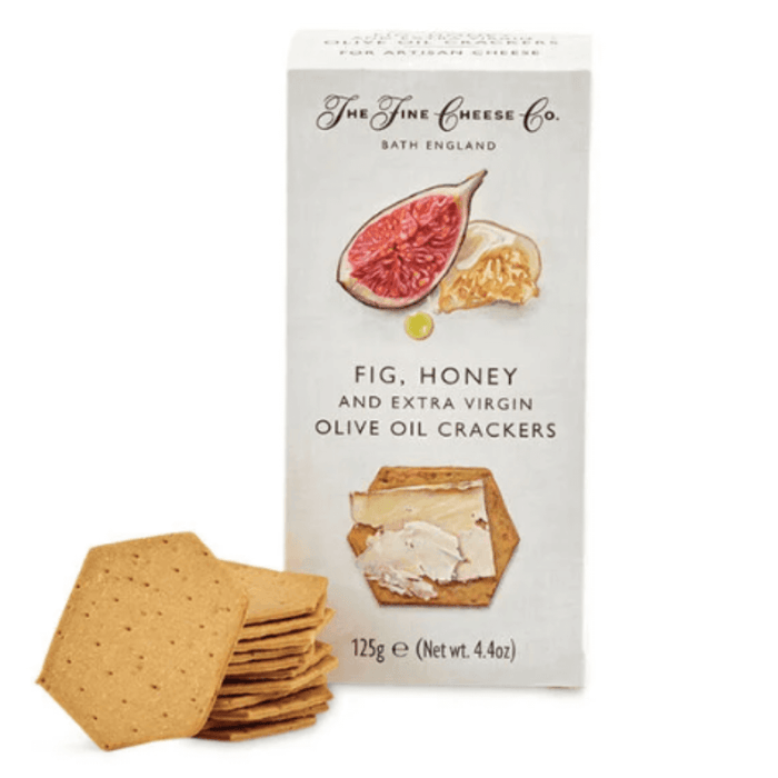 Fig Honey and Extra Virgin Olive Oil Crackers, 125g package with crackers, perfect for pairing with cheese.