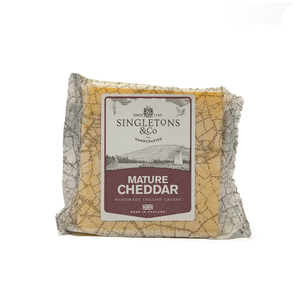 Mature Cheddar Cheese from Singletons, handcrafted traditional British cheese, 200g packaging.