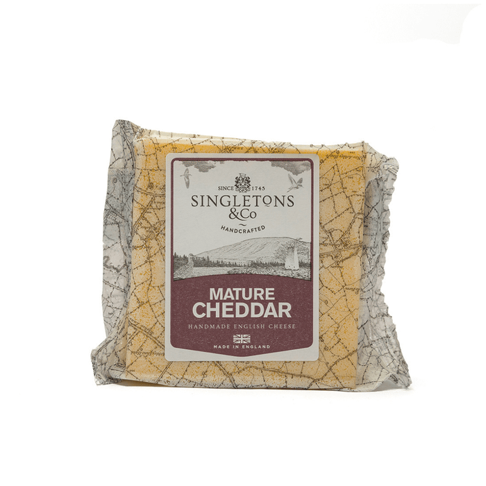 Mature Cheddar Cheese from Singletons, handcrafted traditional British cheese, 200g packaging.