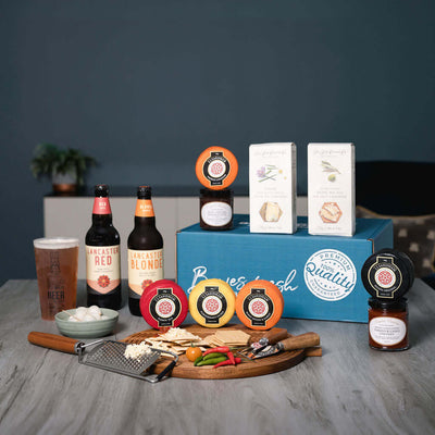 Lancashire produce cheese truckles in this luxury cheese gift box hamper with crackers and chutney - created by Bowes Dairy Produce