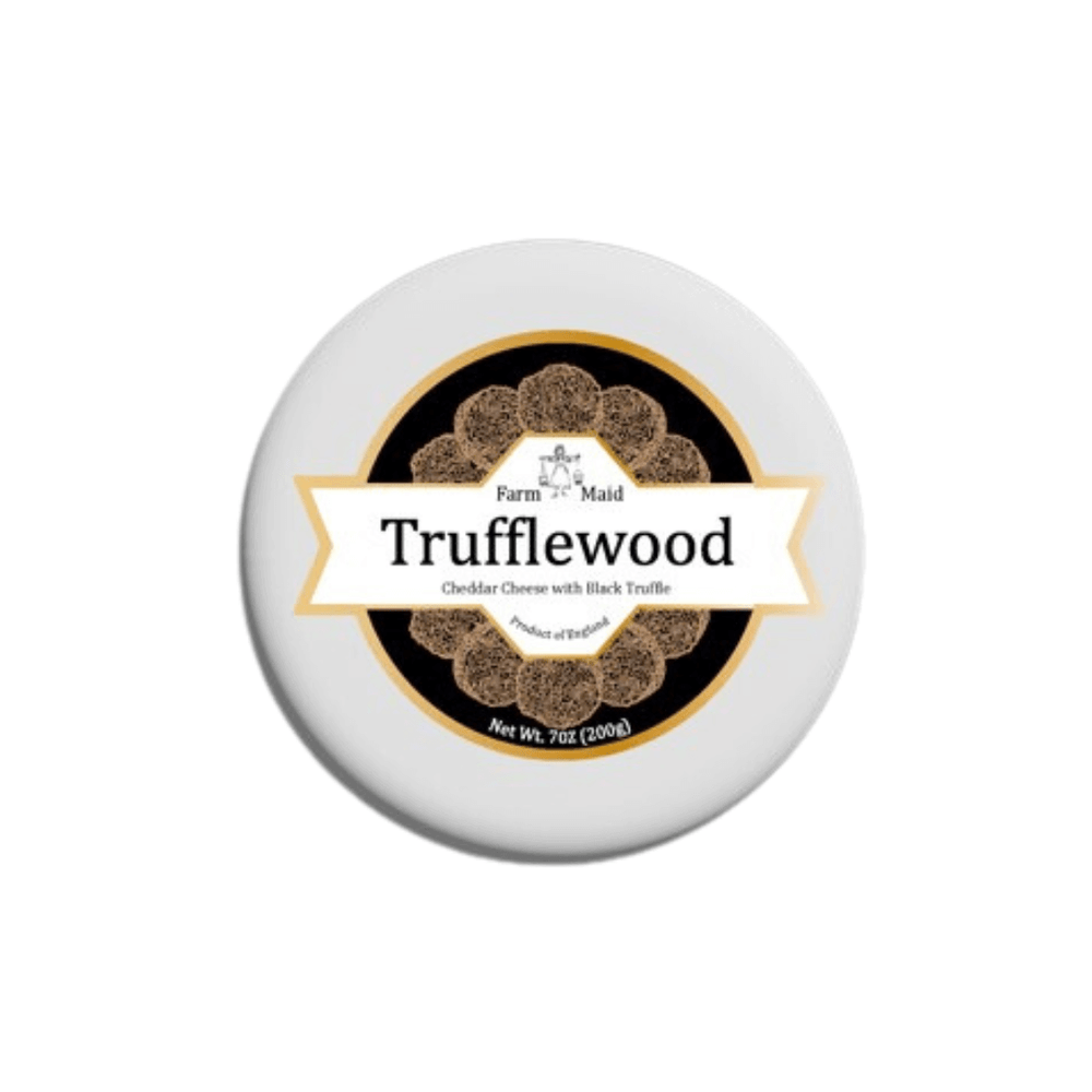 Farm Maid Trufflewood Black Truffle Cheese Truckle, 200g packaging featuring cheddar cheese with black truffle.