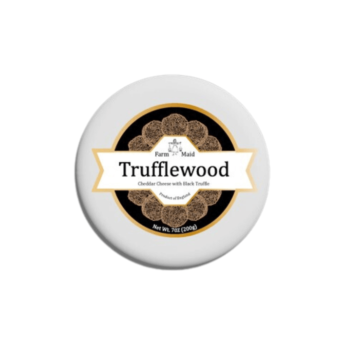 Farm Maid Trufflewood Black Truffle Cheese Truckle, 200g packaging featuring cheddar cheese with black truffle.