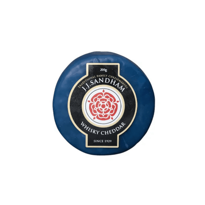 Whisky Cheddar by JJ Sandham 200g packaging featuring a blue wax coating and logo.