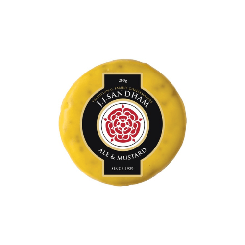 Ale & Mustard Cheddar by JJ Sandham 200g cheese round packaging on a white background.