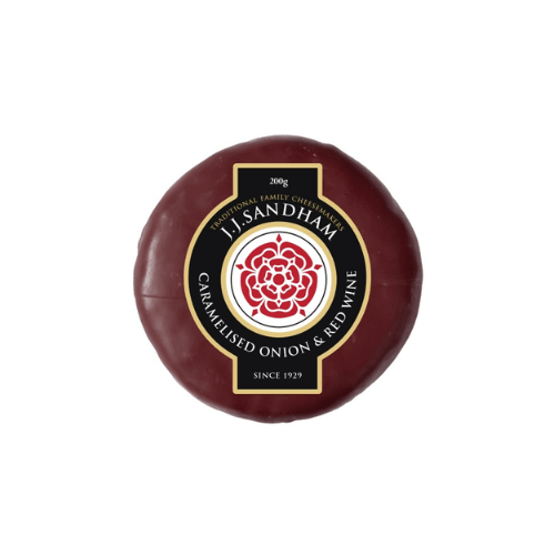 Bevvy Cheese Hamper featuring a round cheese with caramelised onion and red wine from J.J. Sandham.