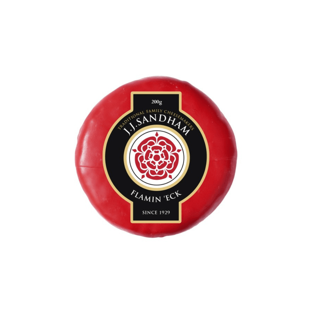 Flamin Eck Chilli Cheddar cheese by JJ Sandham, 200g round package showcasing bold flavor and craftsmanship.
