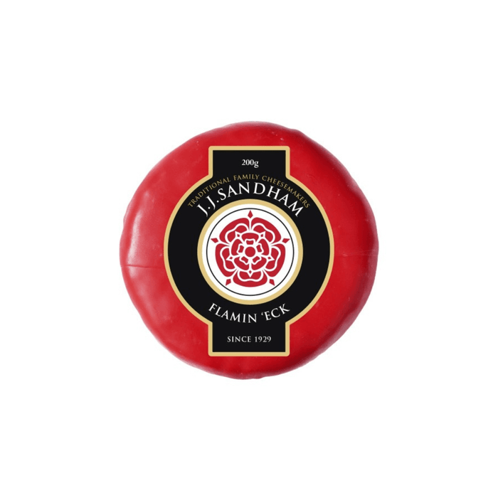 Flamin Eck Chilli Cheddar cheese by JJ Sandham, 200g round package showcasing bold flavor and craftsmanship.