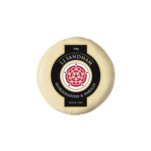 Horseradish & Parsley cheese by JJ Sandham, 200g, featuring a creamy cheddar with horseradish and parsley flavor.