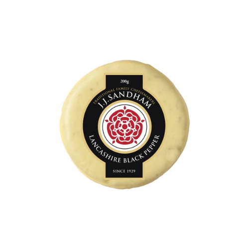 Lancashire with Black Pepper cheese by JJ Sandham, 200g, featuring a traditional family cheese logo.