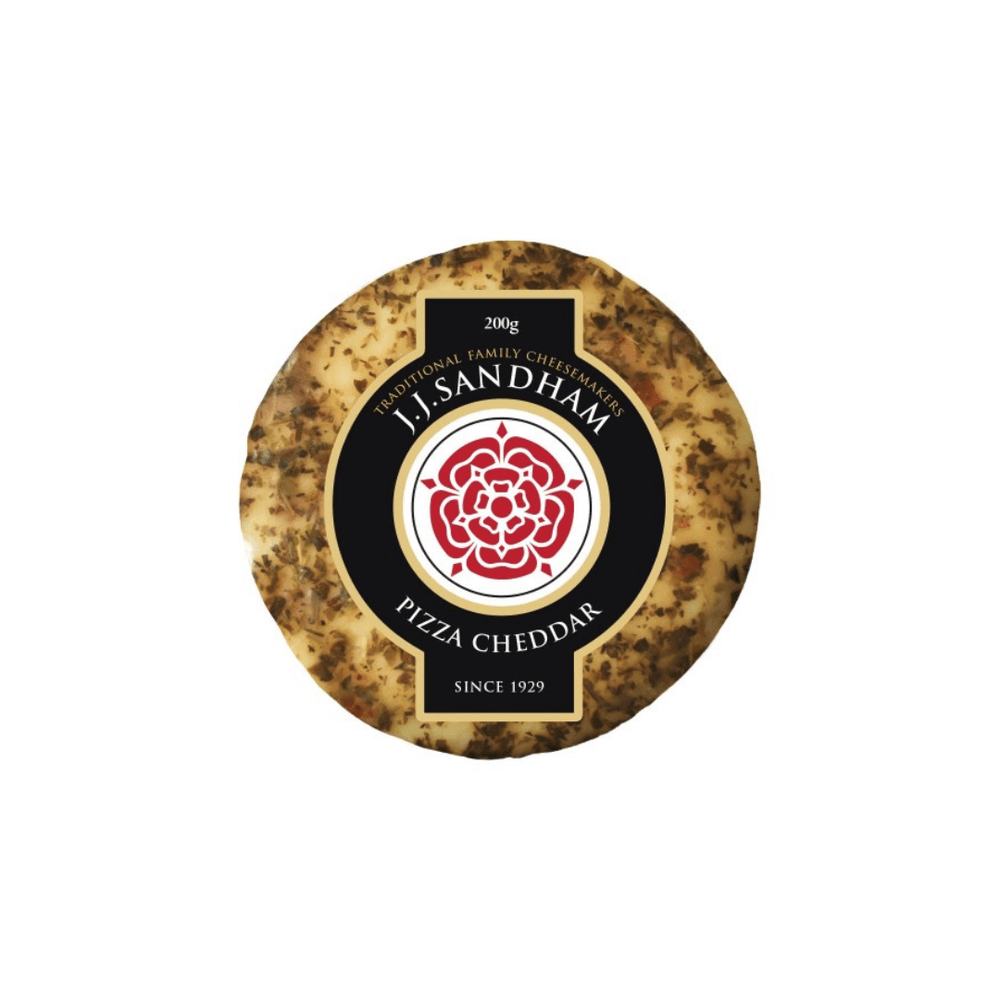 J. Sandham Pizza Cheddar cheese truckle from the Spicy Trio Cheese Hamper, showcasing bold flavors and rich textures.