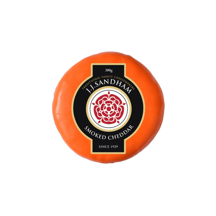 Smoked Cheddar by JJ Sandham, 200g cheese round with orange rind and logo.